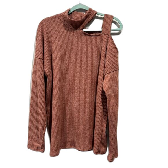 Vanilla Bay Mock Neck Sweater Ribbed Stretch Rust Asymmetrical Women sz Large - Picture 2 of 9